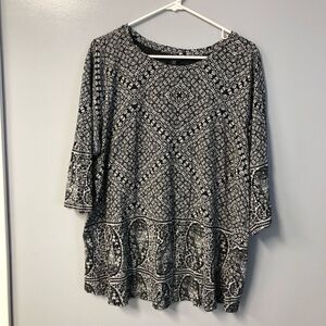 lucky brand top womens 1x black paisley round neck 3/4 sleeve casual boho cotton